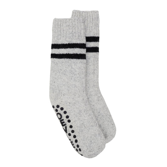 A pair of men's slipper socks with two grey stripes and a black stripe, displayed against a white background.