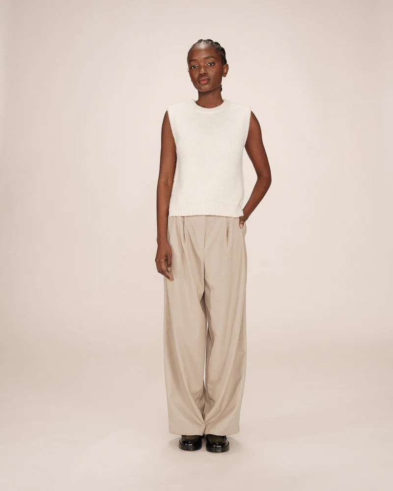 Grace & Mila Say Pullover in Ecru with beige wide leg trousers 