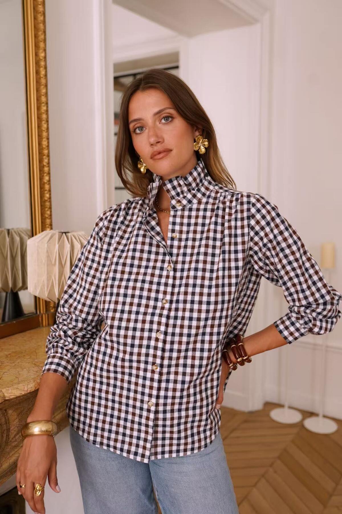 Allie High-Collared Plaid Shirt in Brown & Navy Check