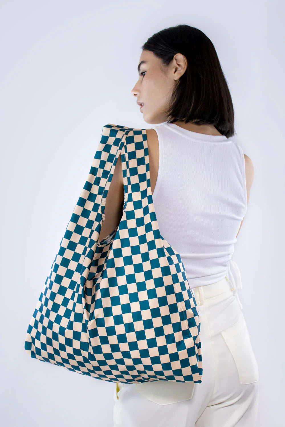 Kind Bag Checkerboard Teal & Beige Medium Reusable Bag