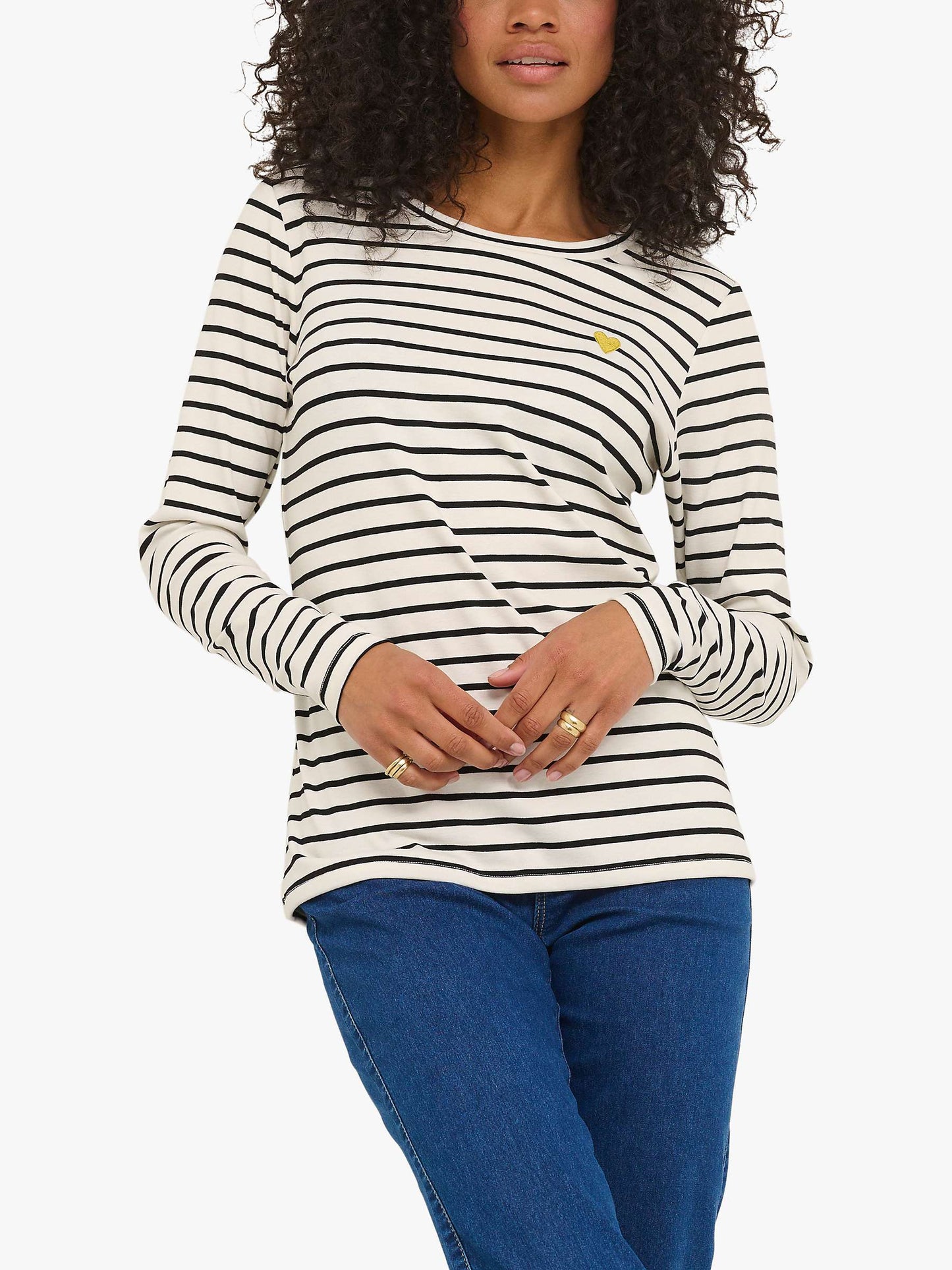 KAFFE Liddy Striped t-shirt in chalk and forest black with small gold heart