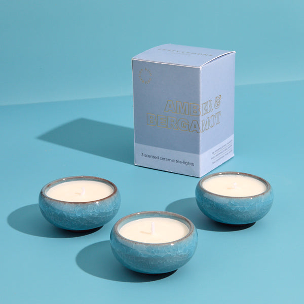 Zesty Lemons Contemporary Kiln Sky Blue Tea Lights - Amber & Bergamot