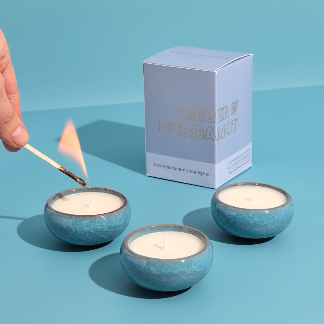 Zesty Lemons Contemporary Kiln Sky Blue Tea Lights - Amber & Bergamot