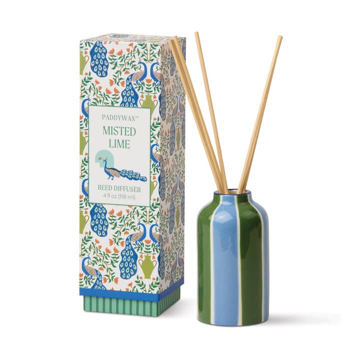 Paddywax Misted Lime reed diffuser with decorative packaging on a white background