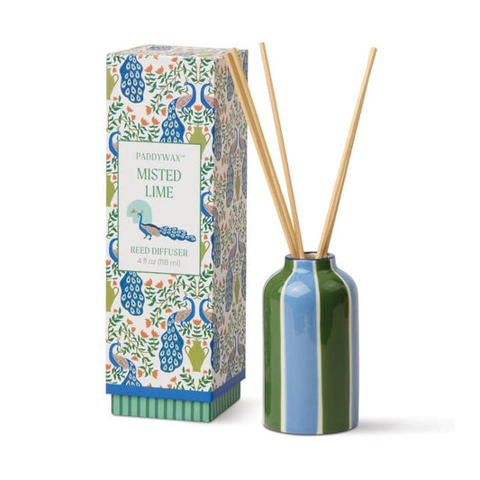 Paddywax Misted Lime reed diffuser with decorative packaging on a white background