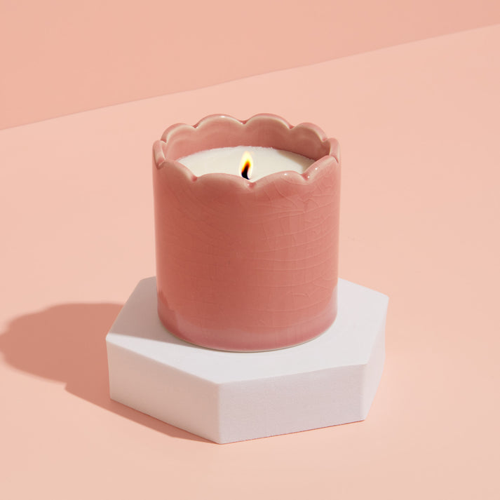 Zesty Lemons Contemporary Kiln Scalloped Pink Candle - Blackberry & Cedarwood