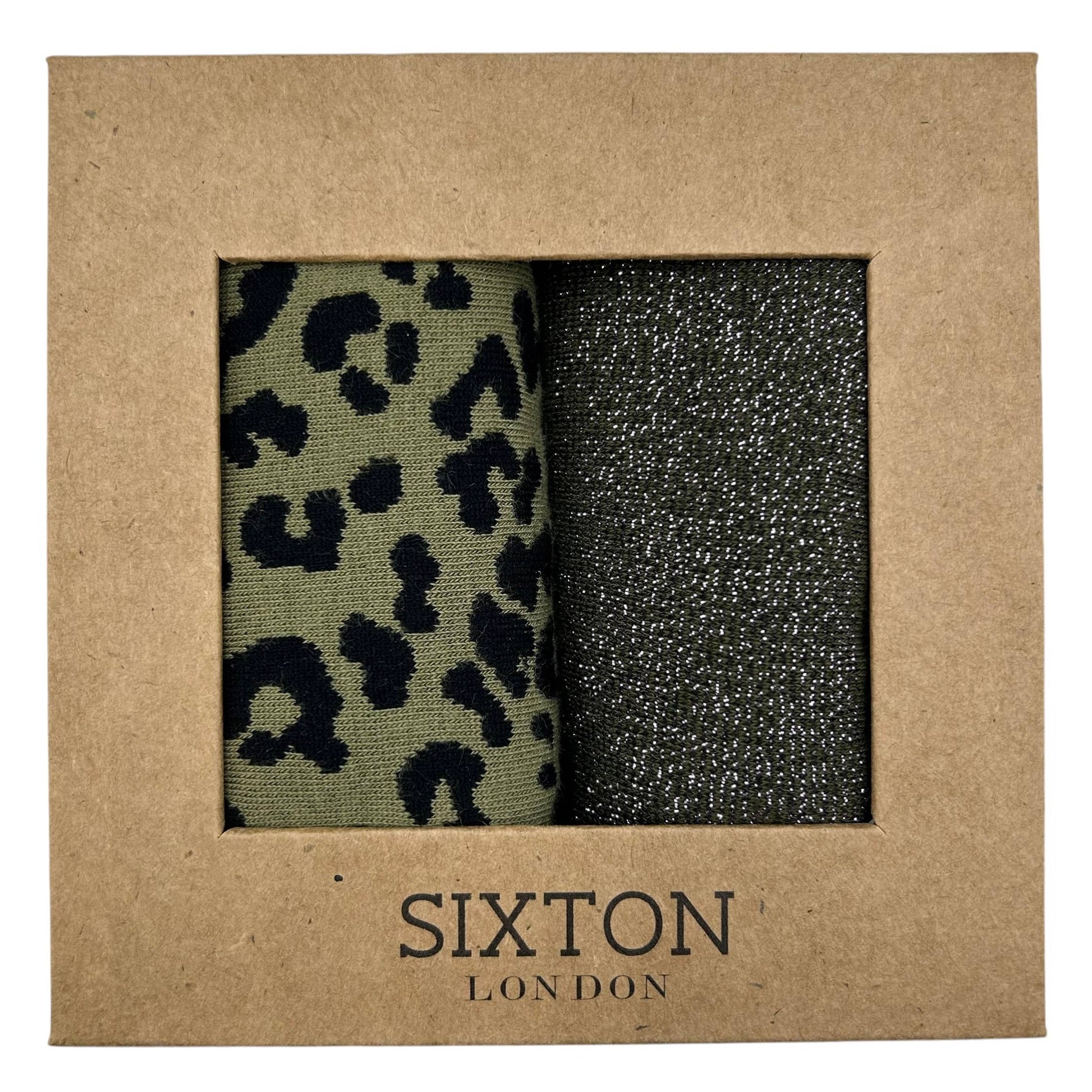 A gift box containing two pairs of Sixton London socks, one with an ivy leopard print and the other with a Tokyo sock design.