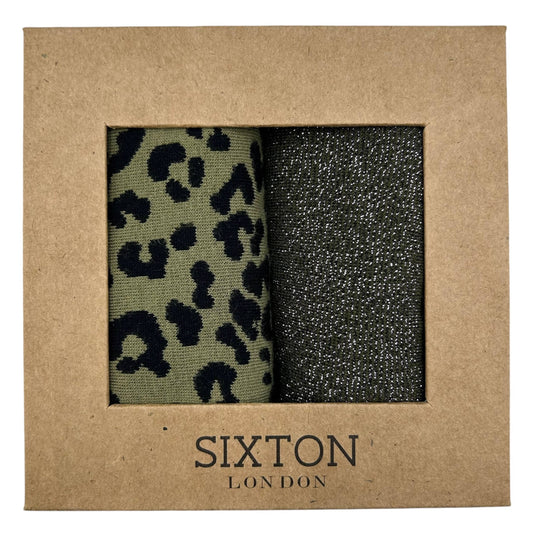 A gift box containing two pairs of Sixton London socks, one with an ivy leopard print and the other with a Tokyo sock design.