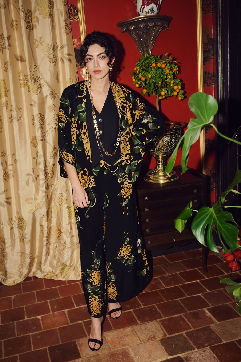 One Hundred Stars Chrysanthemum Black Crepe Kimono