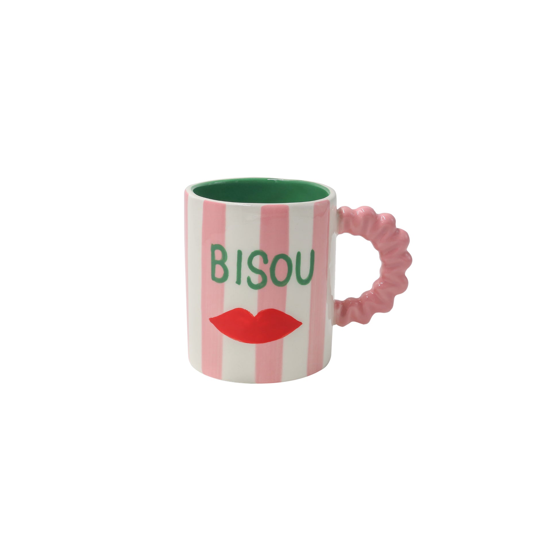Striped mug with 'Bisou' text and red lip design on a white background