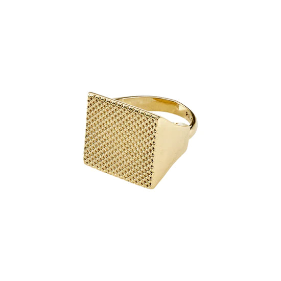 Pilgrim gold plated square ring with textured design. Adjustable size
