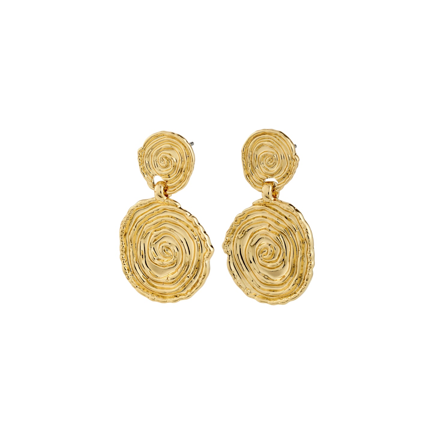 Pair of gold spiral earrings on a white background
