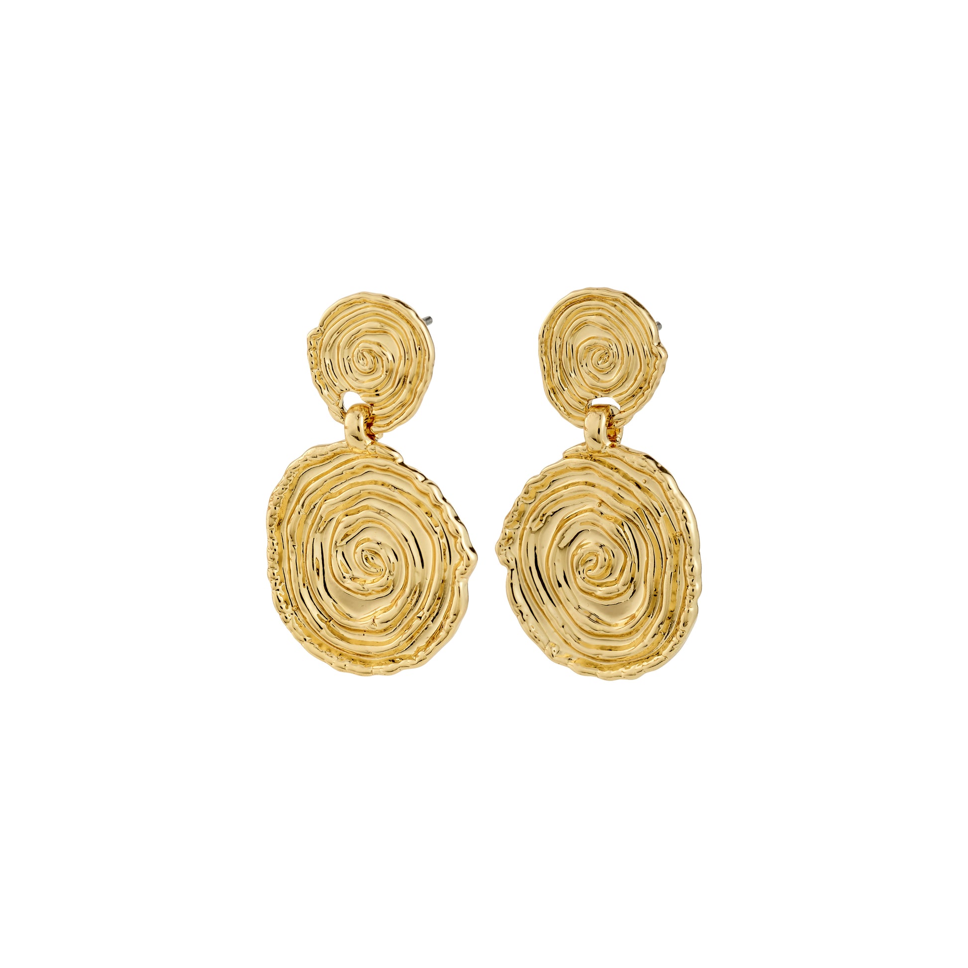 Pair of gold spiral earrings on a white background