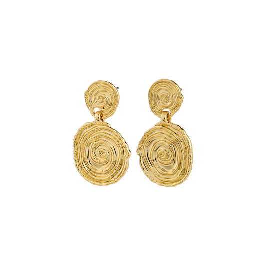 Pair of gold spiral earrings on a white background