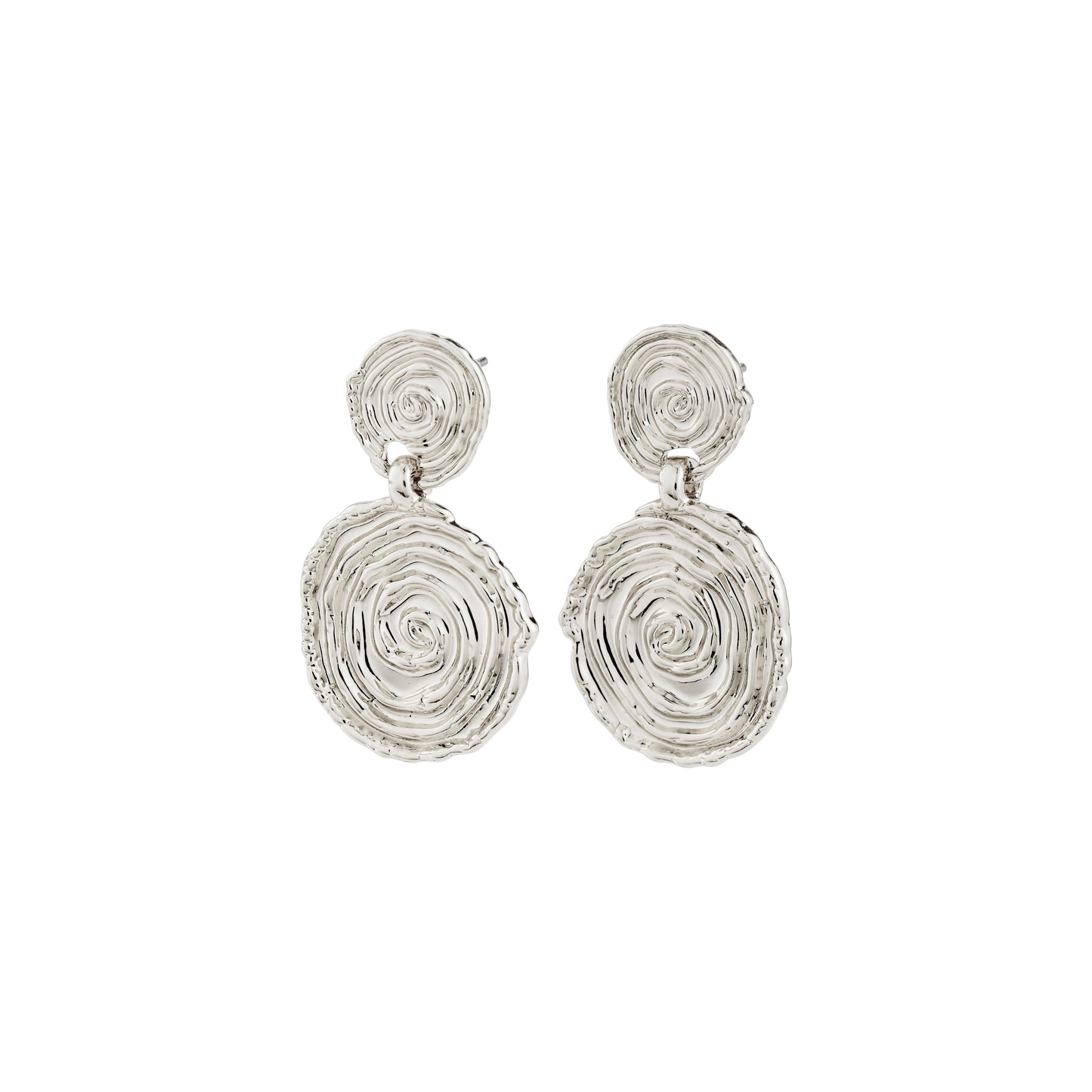 Pair of silver spiral earrings on a white background