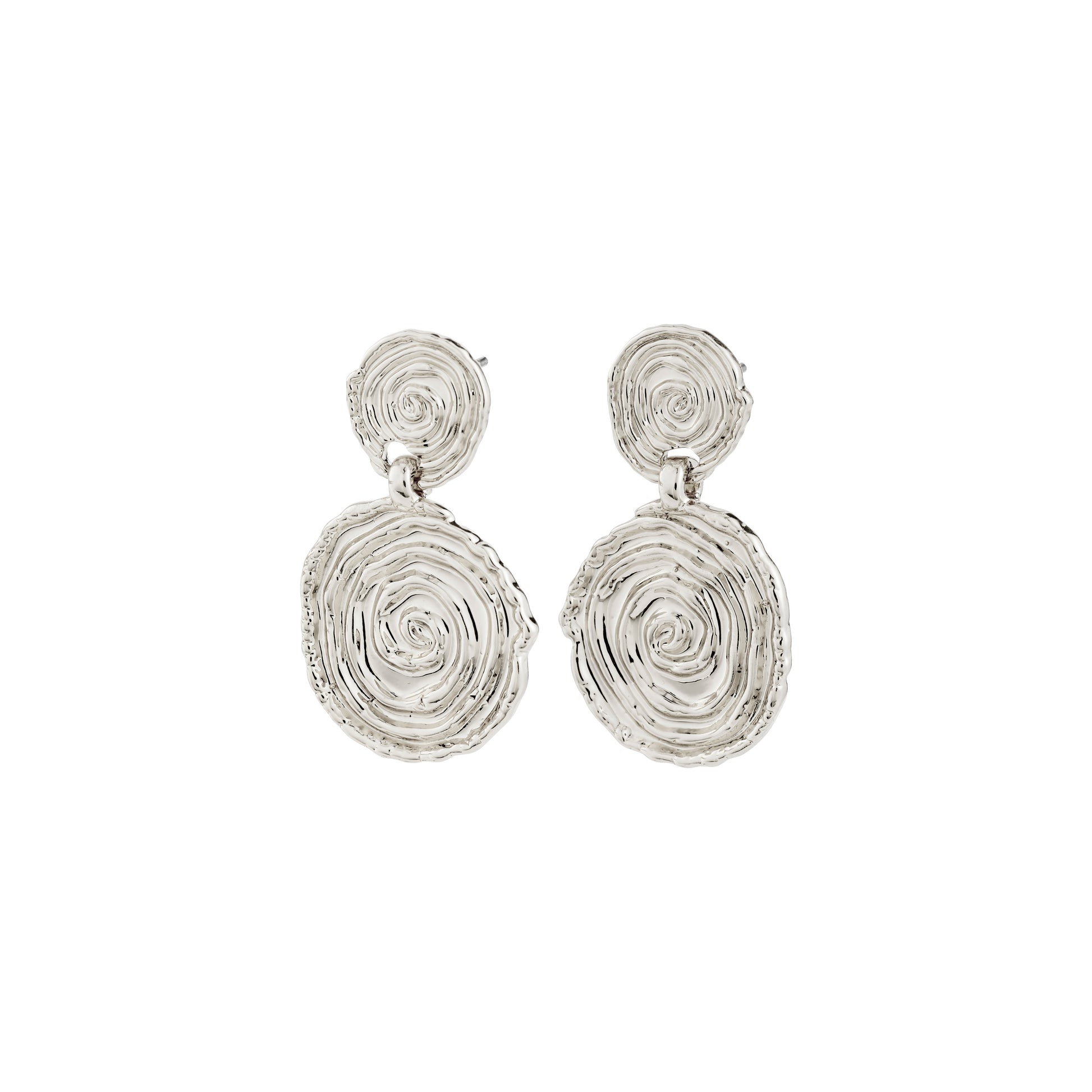 Pair of silver spiral earrings on a white background