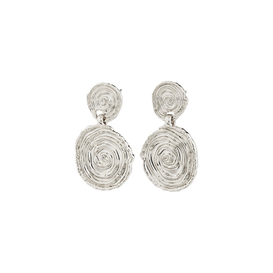 Pair of silver spiral earrings on a white background