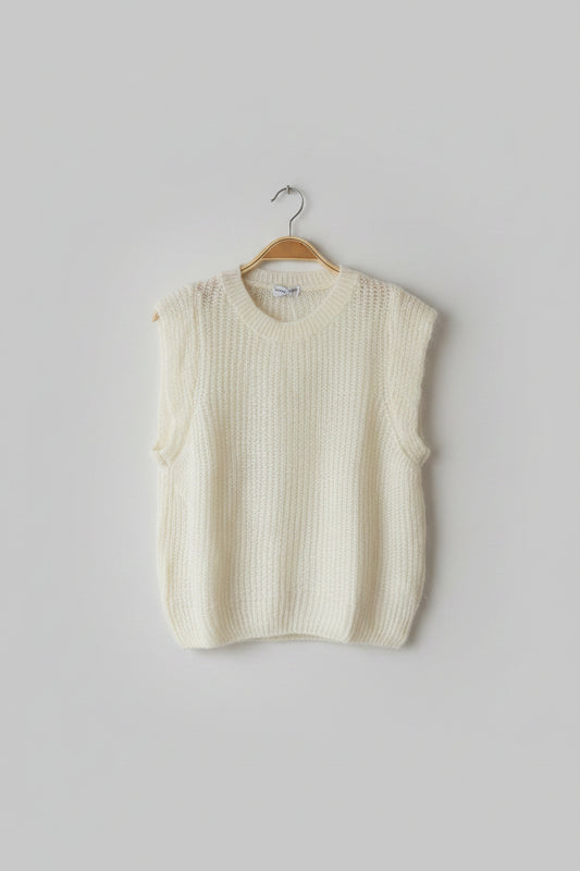 Exaggerated Shoulder Ribbed Knit Vest in Cream