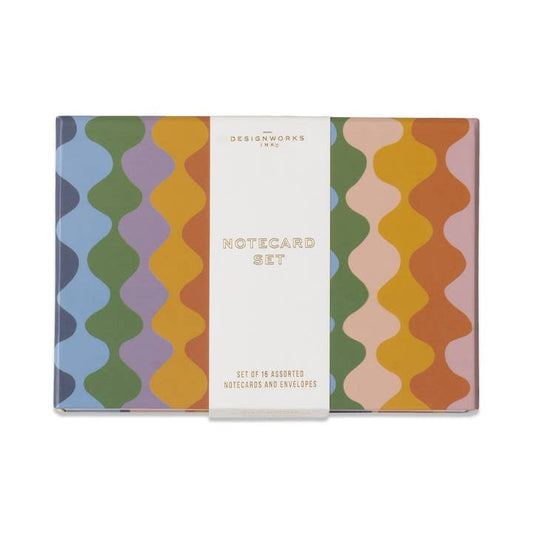 Notecard set with colorful wavy pattern on a white background