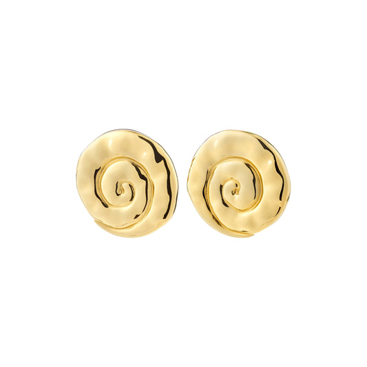Pair of gold spiral earrings on a white background