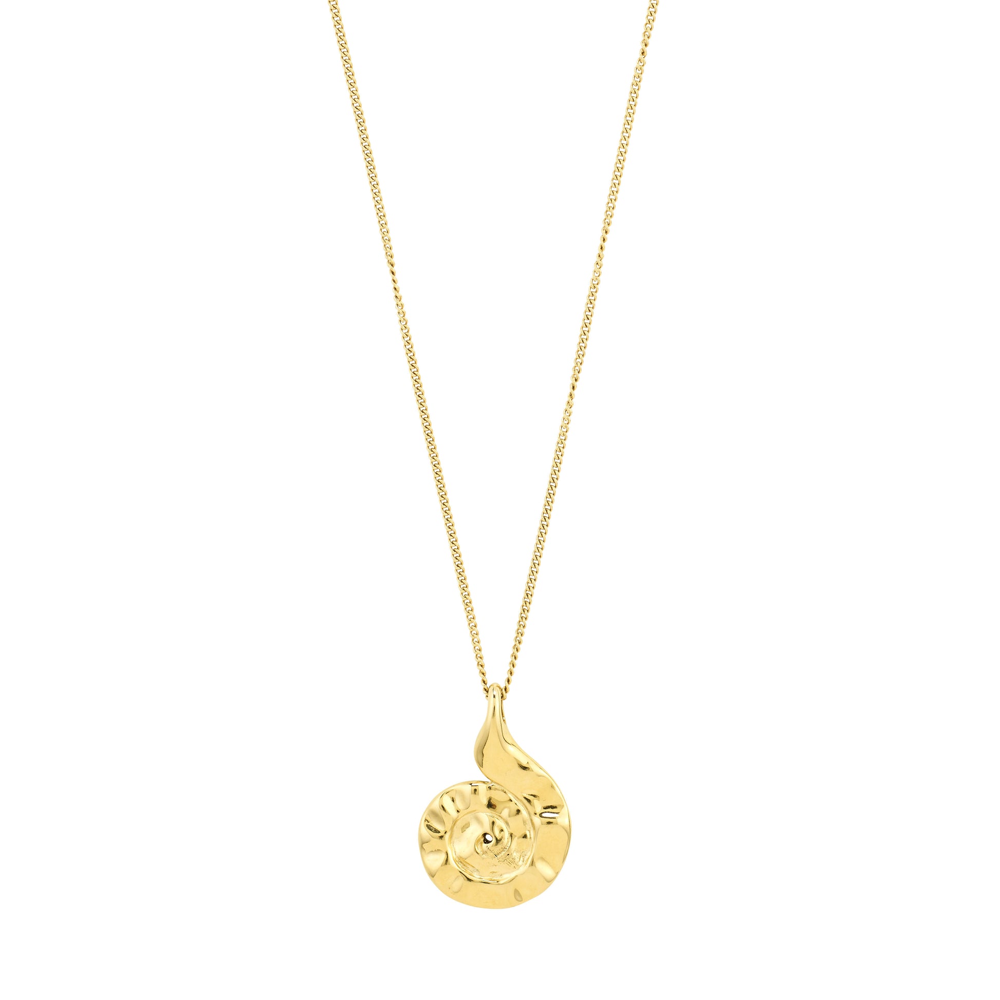Gold necklace with a pendant on a white background