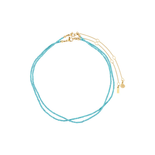 Turquoise beaded necklace with gold clasp on a white background