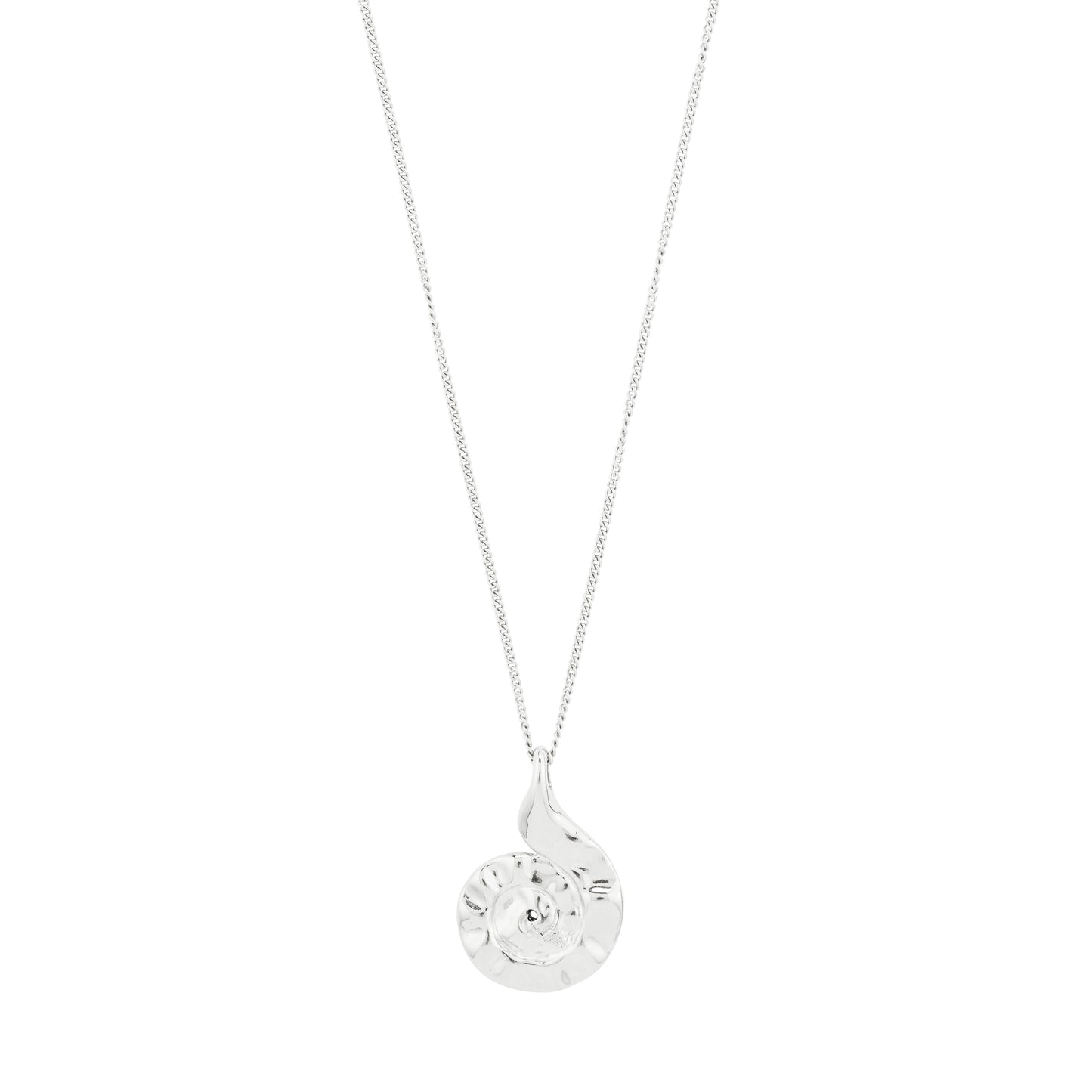 Silver necklace with a teardrop-shaped pendant on a white background