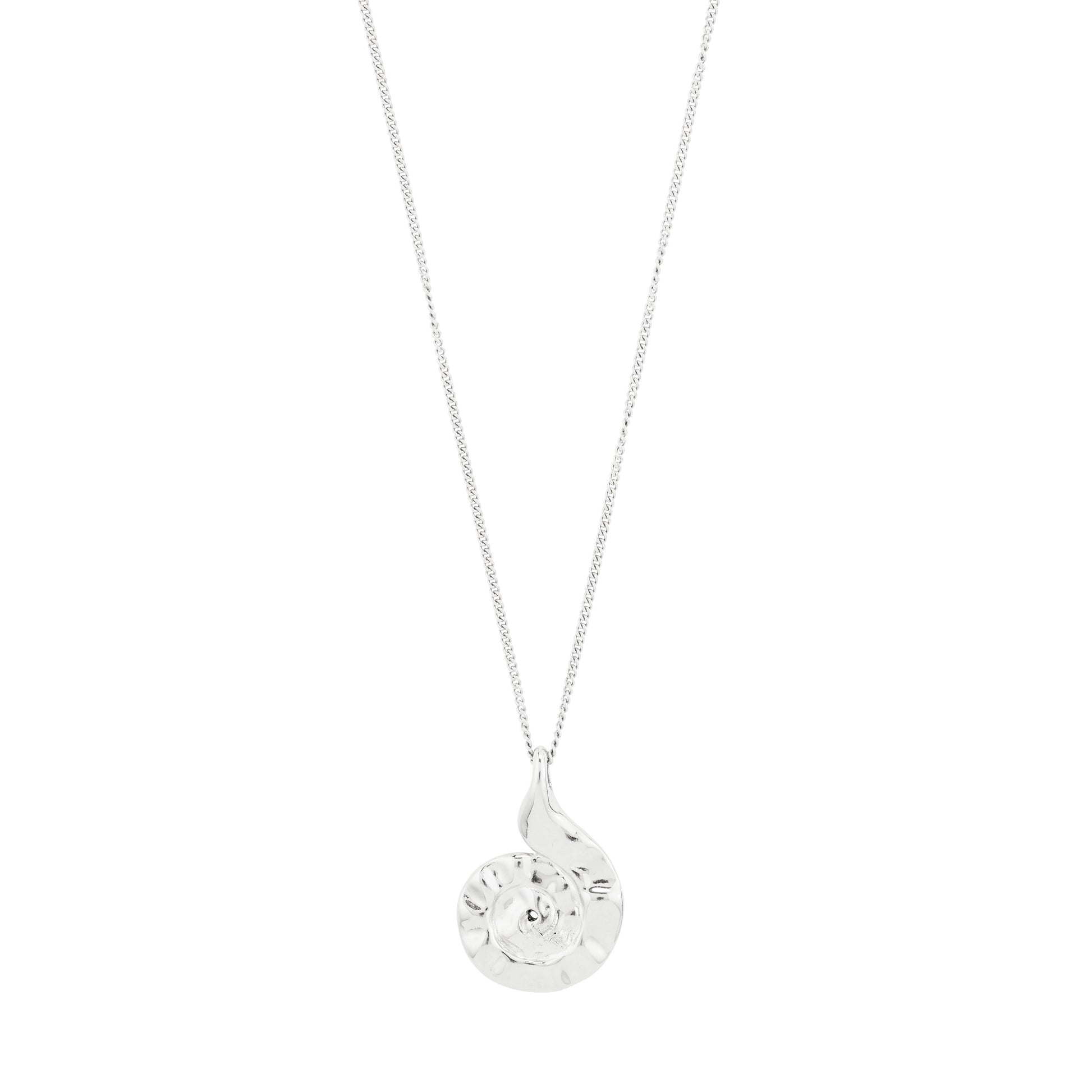Silver necklace with a teardrop-shaped pendant on a white background