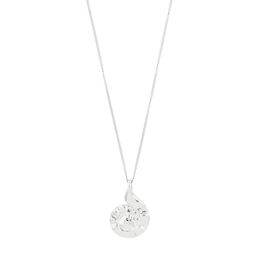 Silver necklace with a teardrop-shaped pendant on a white background