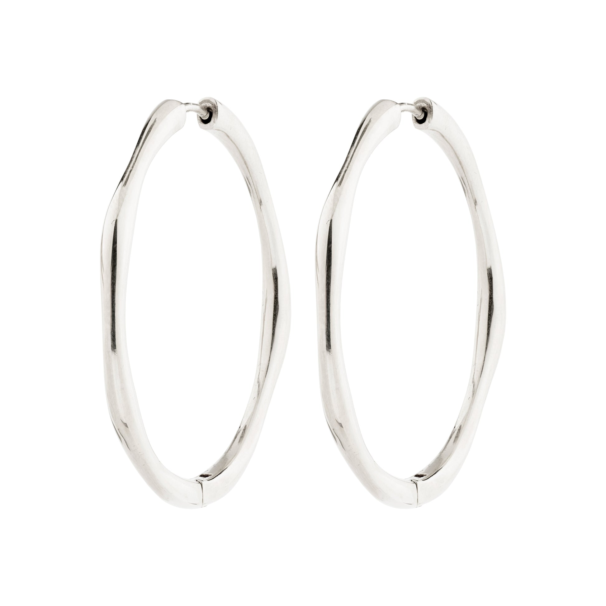 Pair of silver hoop earrings on a white background