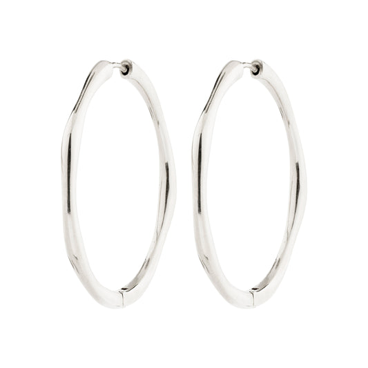Pair of silver hoop earrings on a white background