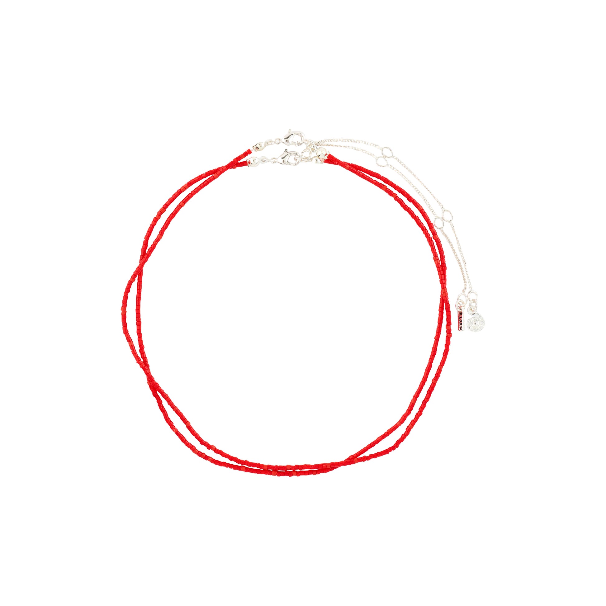 Red glass bead necklace on a white background