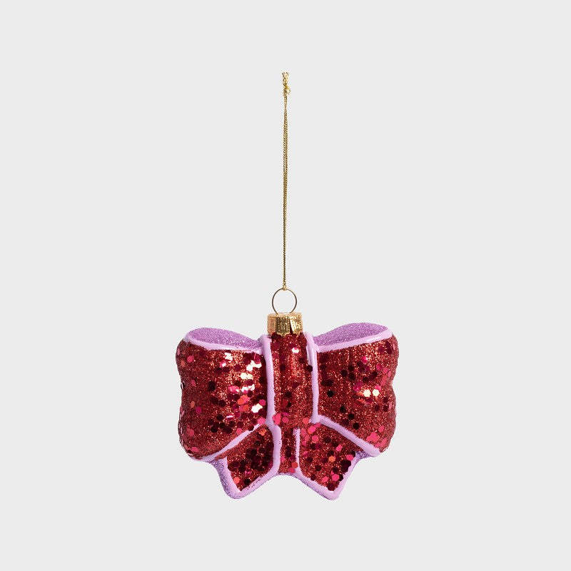 &Kelvering Christmas Ornament Ribbon Red a bow shaped glass xmas decoration with a sparkly red finish
