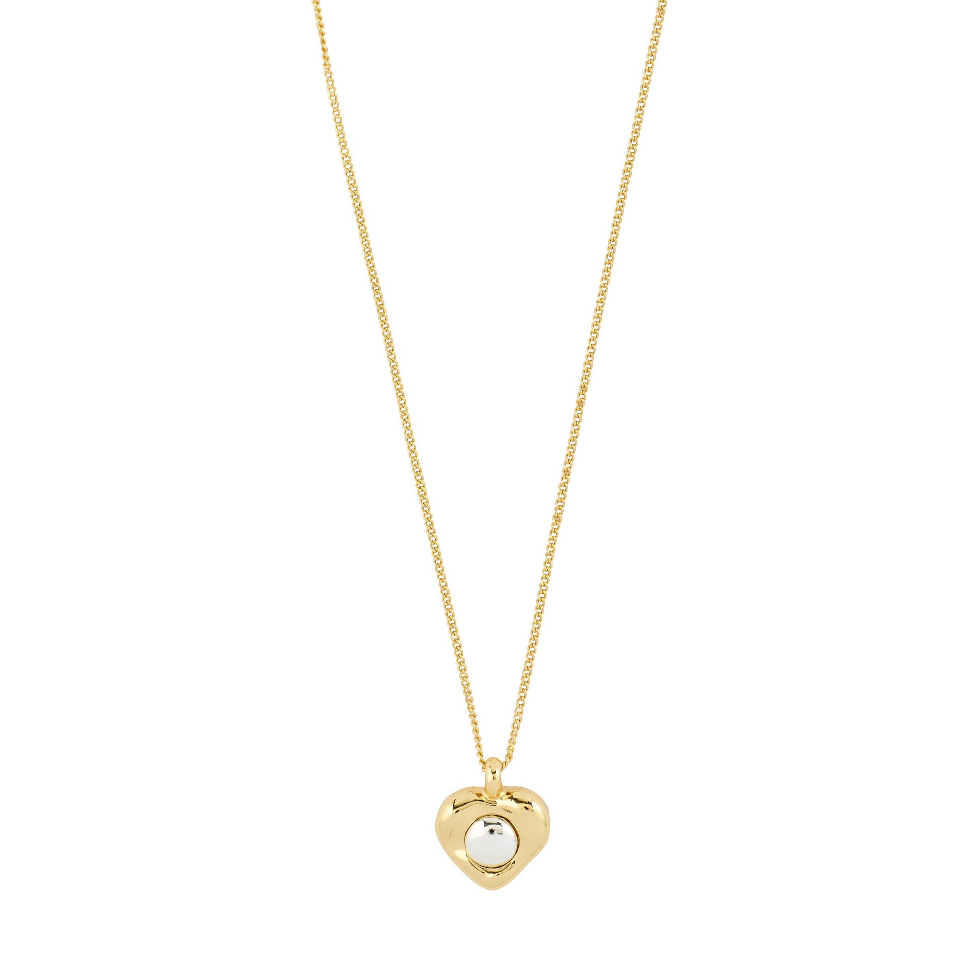 Gold necklace with a heart-shaped pendant on a white background