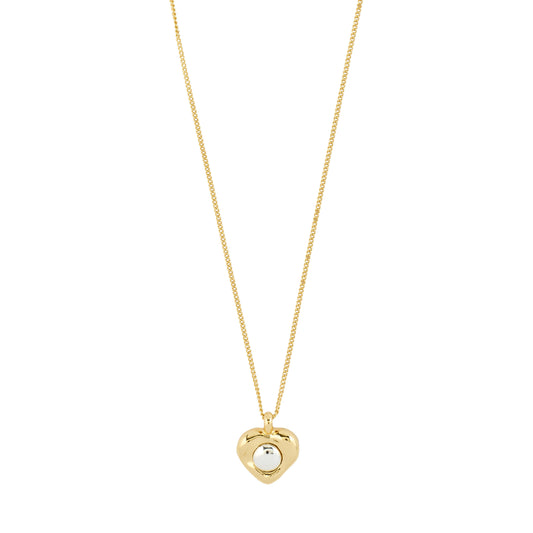 Gold necklace with a heart-shaped pendant on a white background