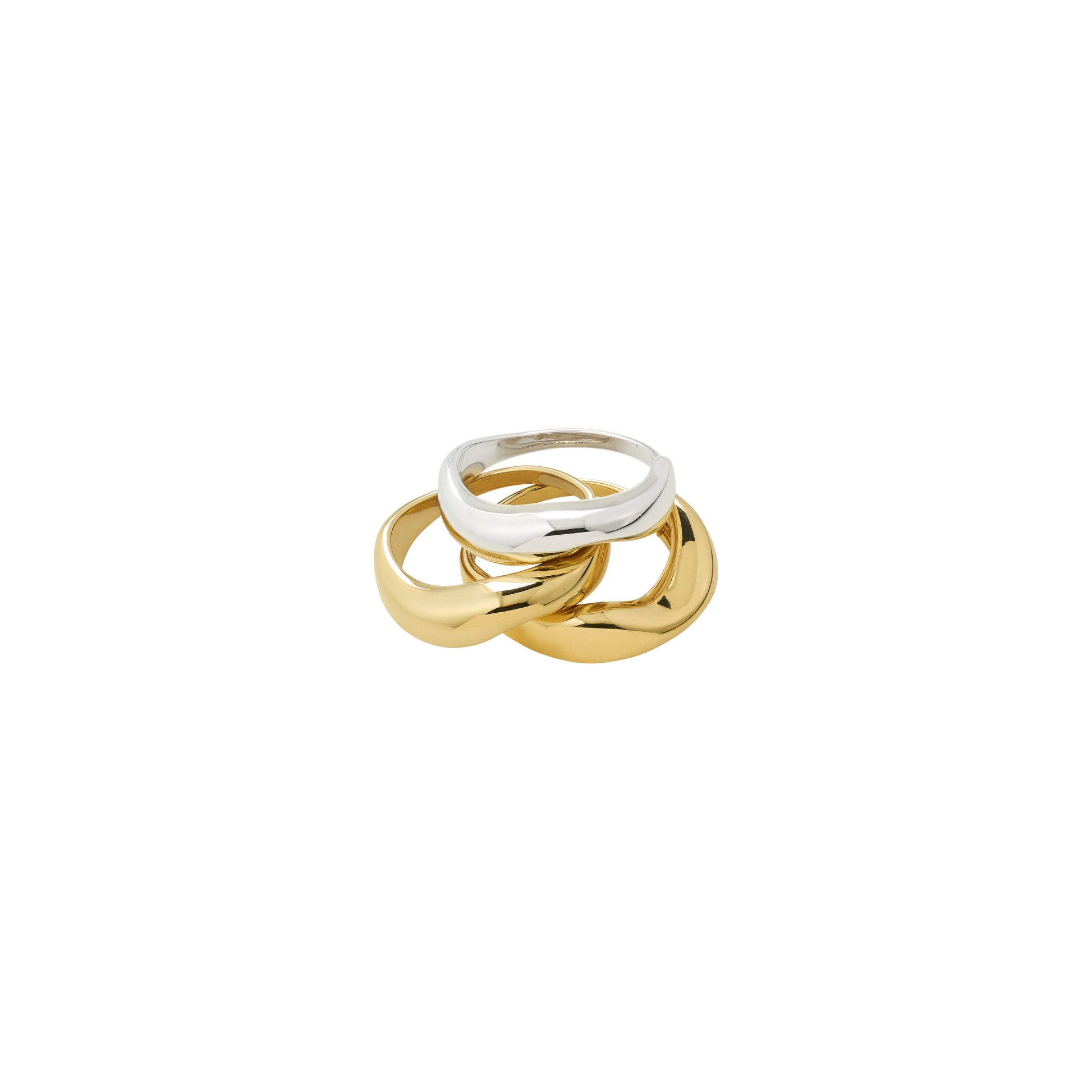 Three interlocking rings, two gold and one silver, on a white background