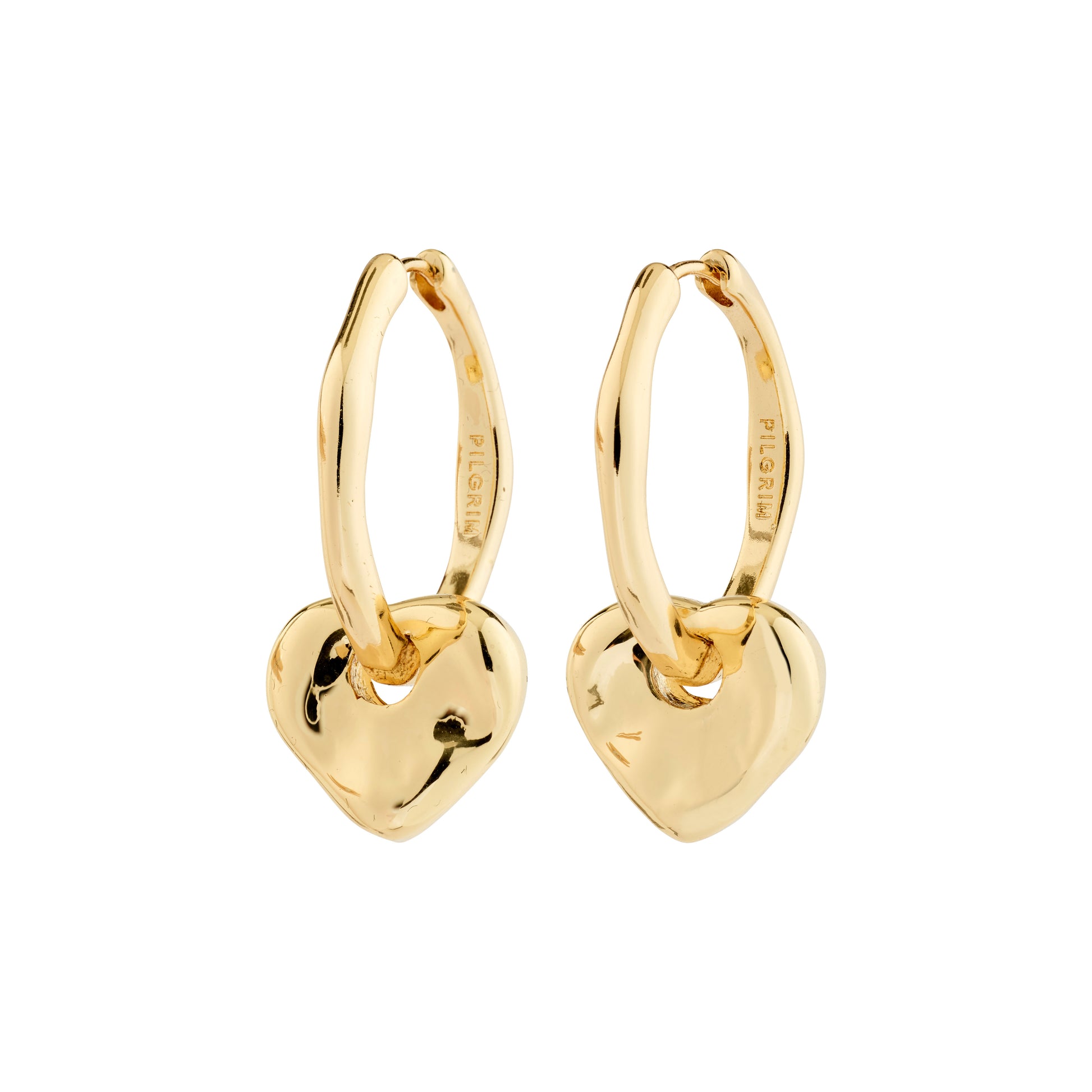 Gold heart-shaped hoop earrings on a white background
