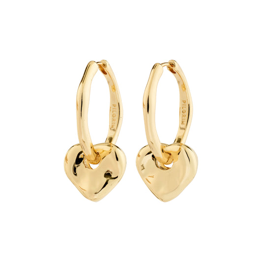 Gold heart-shaped hoop earrings on a white background