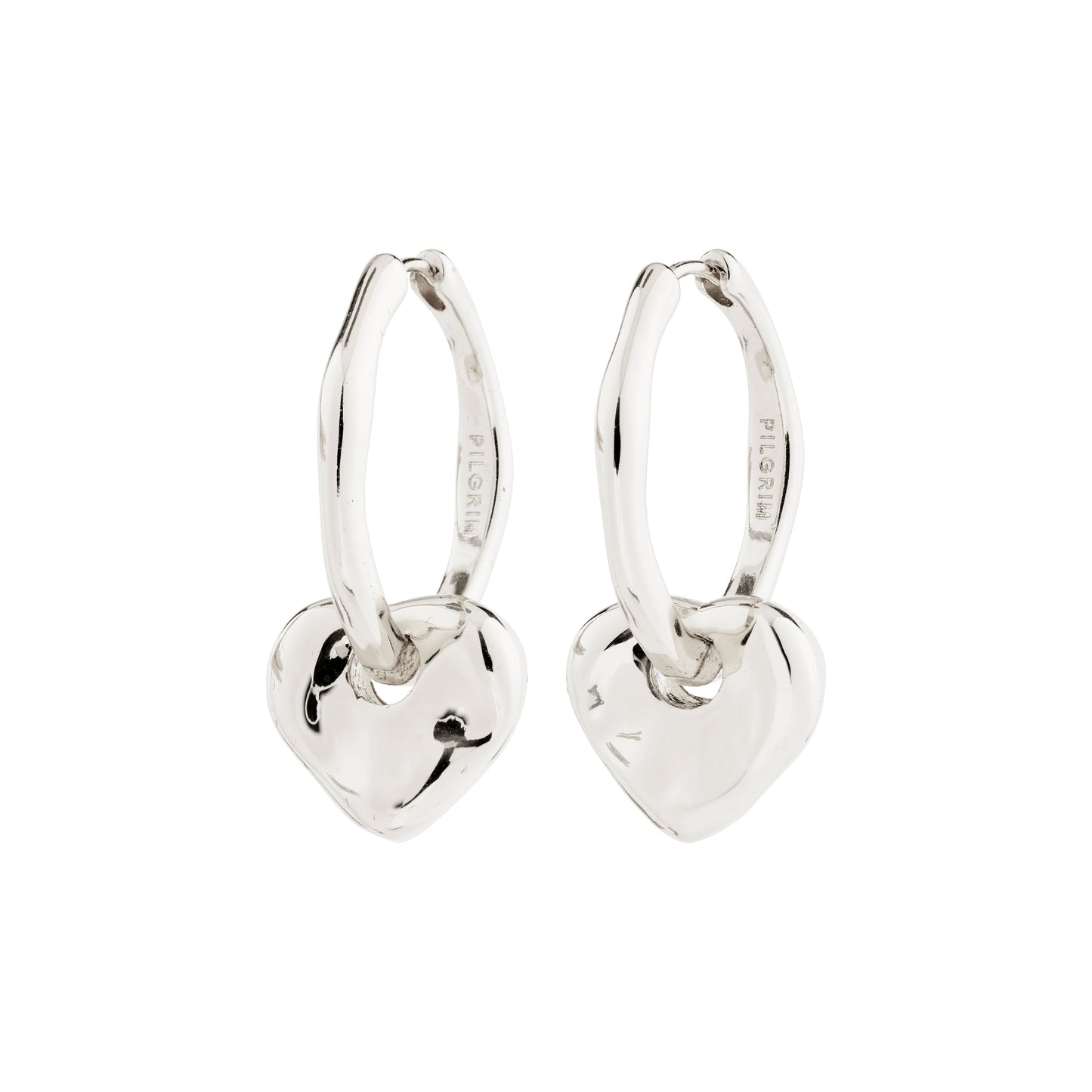 Silver heart-shaped hoop earrings on a white background