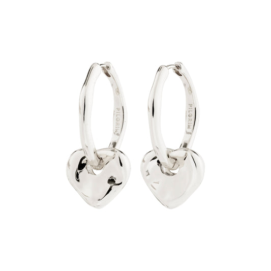 Silver heart-shaped hoop earrings on a white background