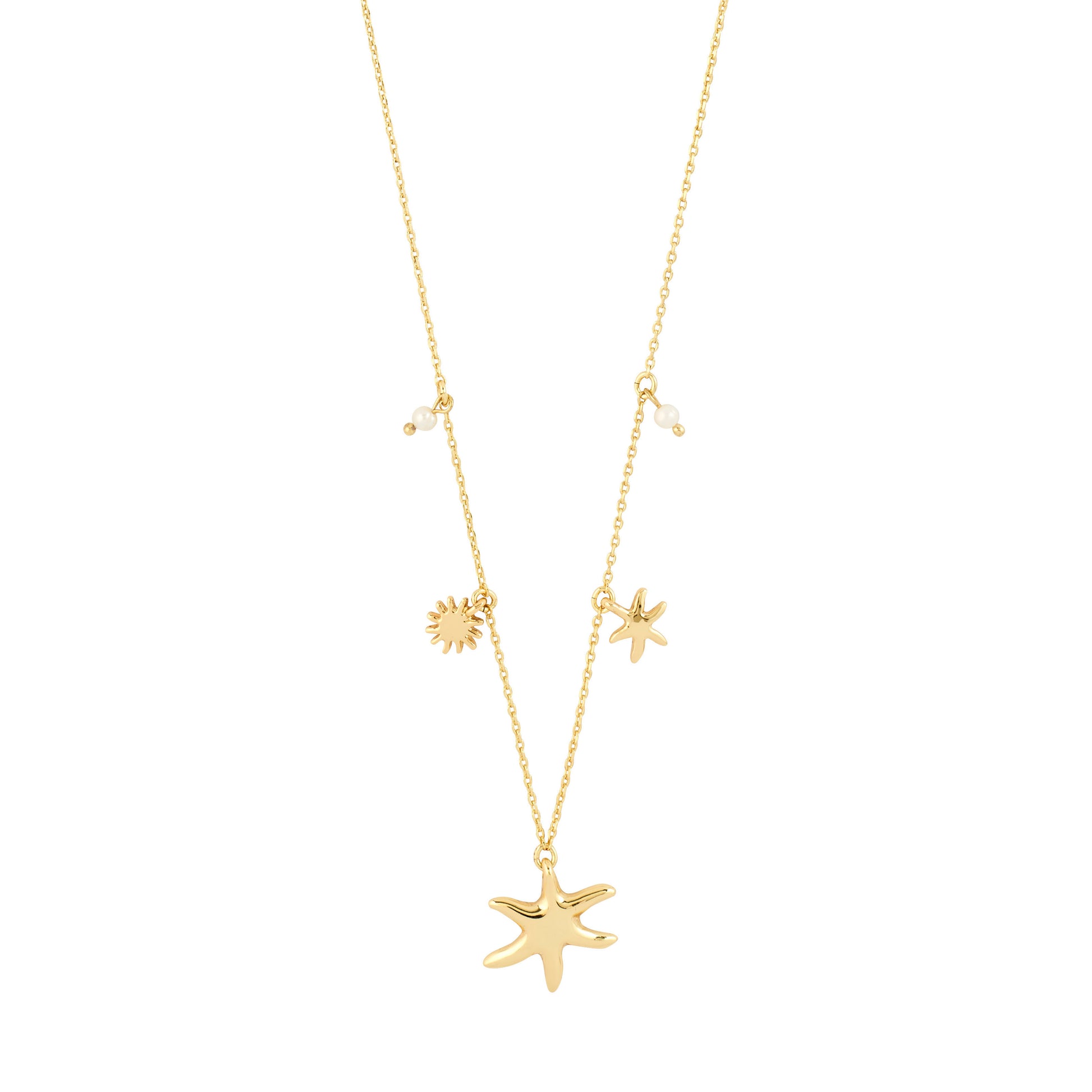 Gold necklace with starfish pendants on a white background