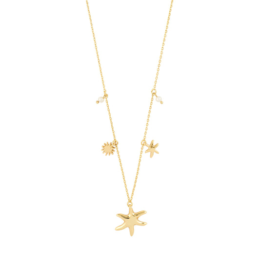 Gold necklace with starfish pendants on a white background
