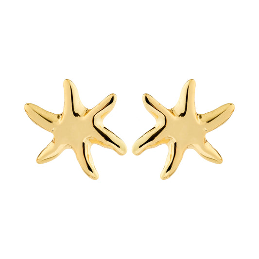 Gold starfish earrings on a white background