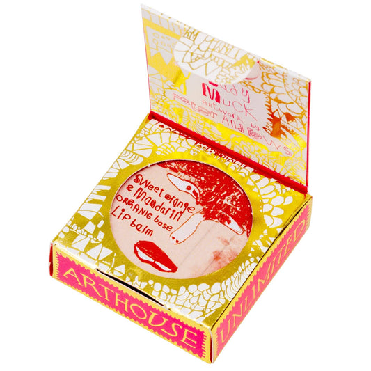 Open box of Arthouse lip balm with decorative design and visible text.