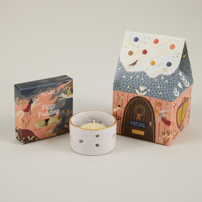 Figgy Pudding, Christmas Cottage Gift set containing scented tealights and a holder