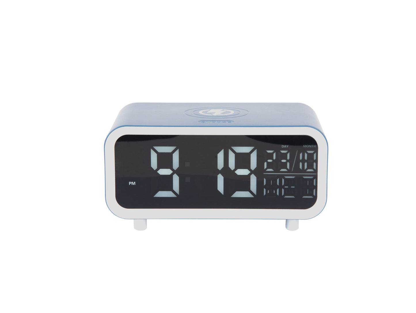 Digital clock with a light blue casing on a white background