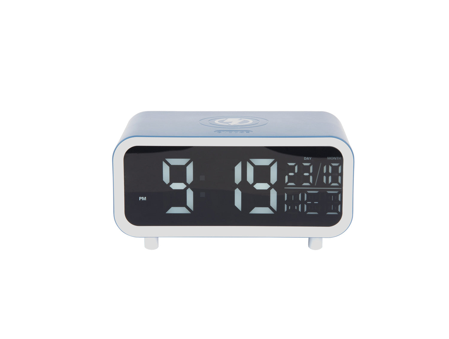 Digital clock with a light blue casing on a white background