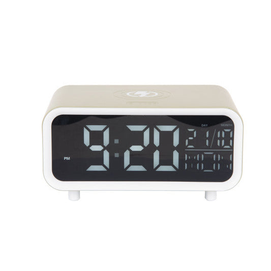 Digital clock with a white casing on a white background