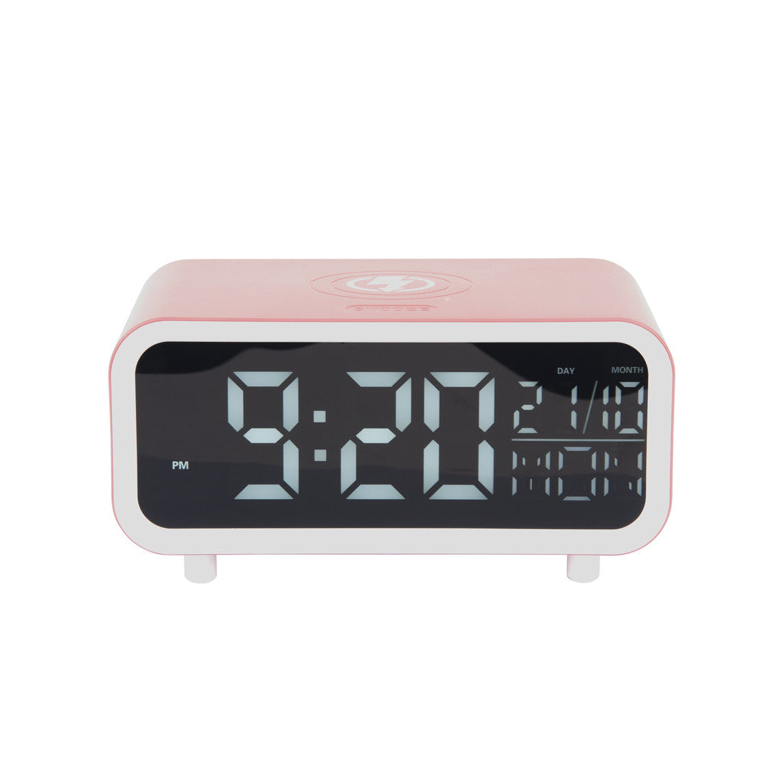 Digital clock with a pink casing on a white background