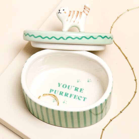 Lisa Angel - Green Oval Ceramic Cat Trinket Pot